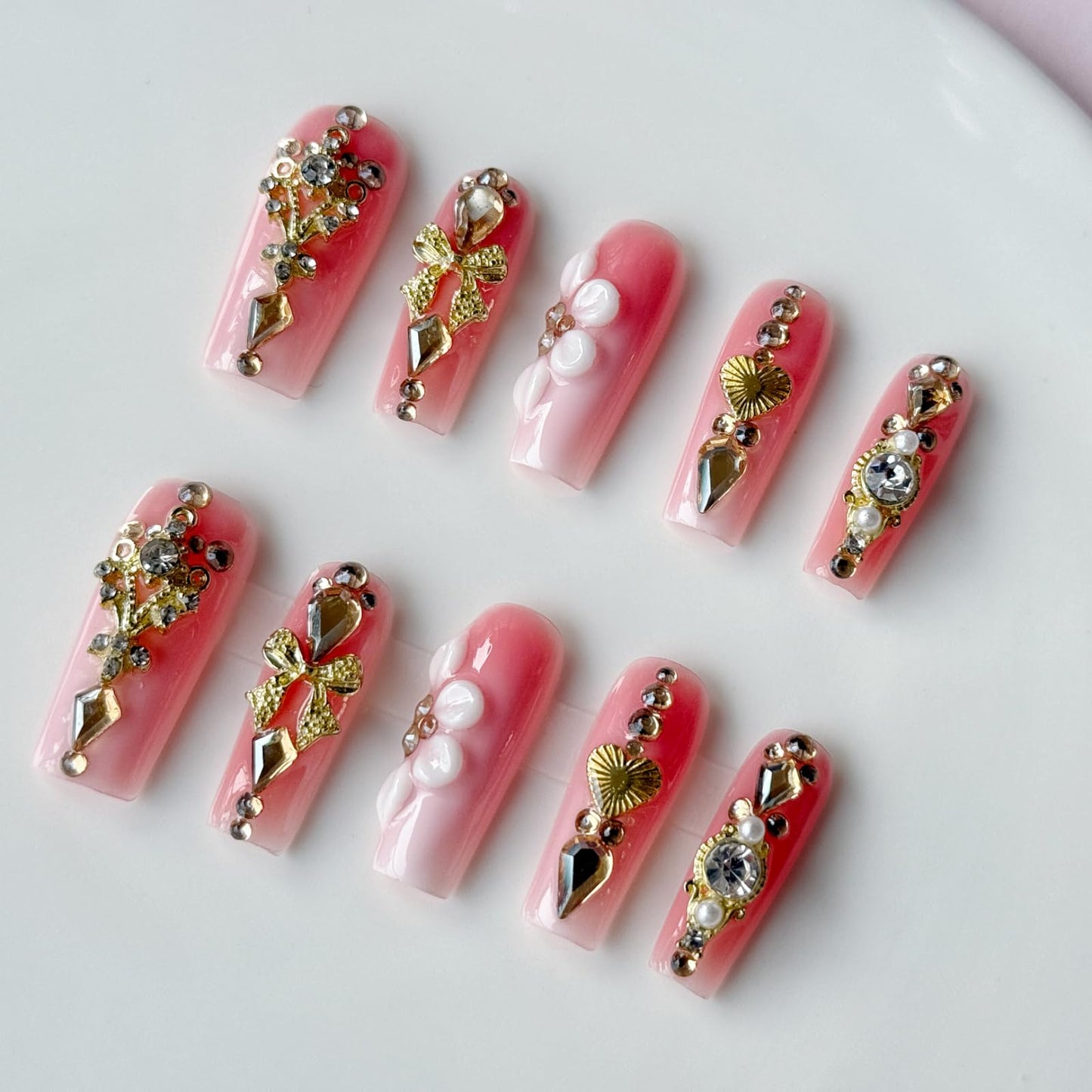 Haozerart Luxury Handmade Press on Nails Long Square Pink Fake Nails with Gold Rhinestones Reusable False Nails Kit for Women Daily Party Use 10Pcs M Size