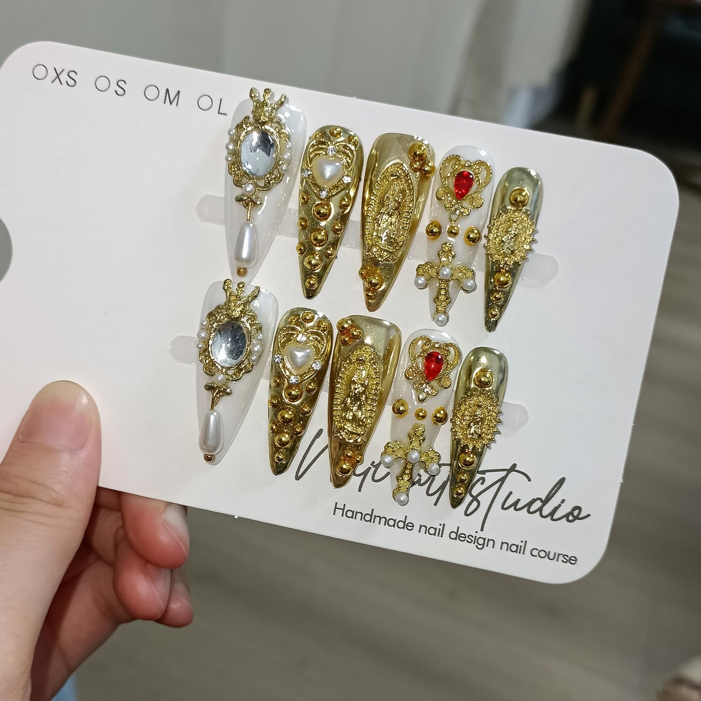 TENPAL 10Pcs Handmade Royal Press On Nails With Tools,Metallic Gold Long Stiletto Fake Nails with Pearl & Celestial Charms Designs,Sculpted 3D Baroque Acrylic Glue on Nails for Wedding Gothic Ball(L)