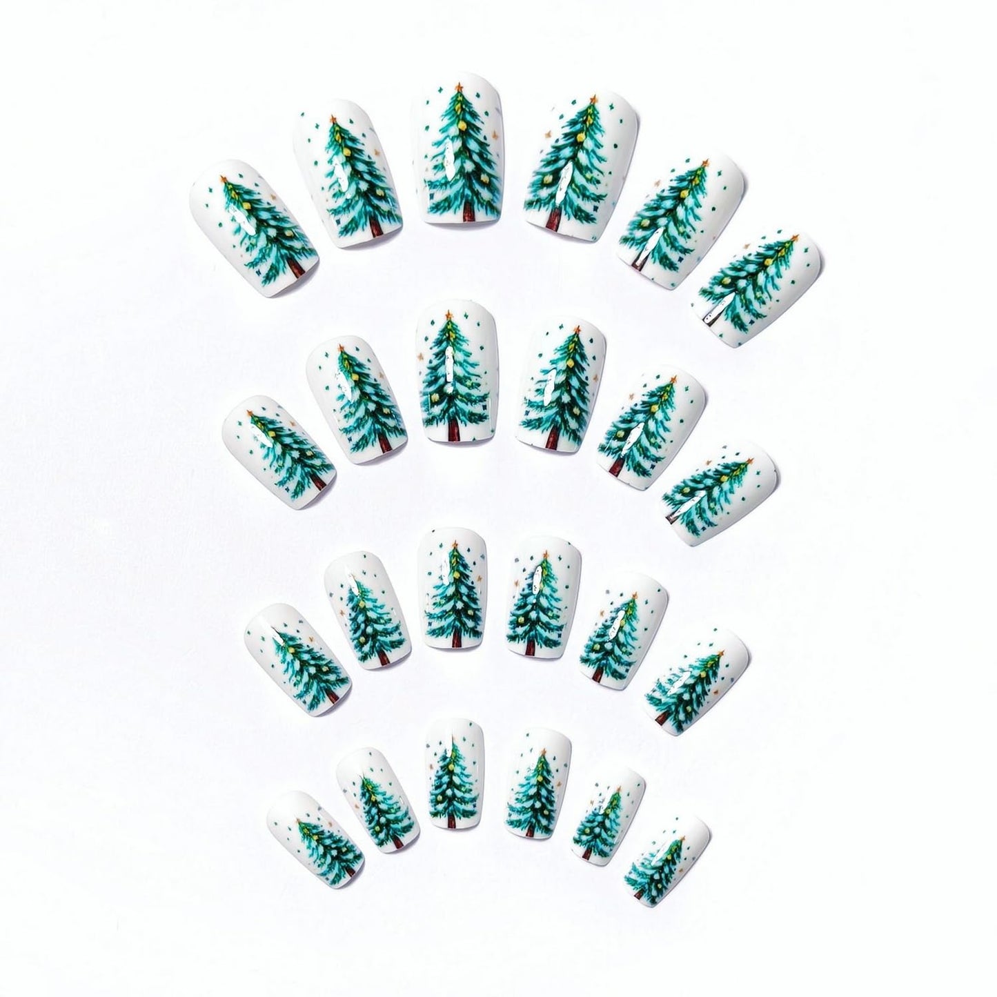 Christmas Press on Nails Medium Square Snowflake Fake Nails 3D Winter Pine Tree Designs Full Cover Acrylic Artificial Nails for Women Manicure Decoration 24 Pcs