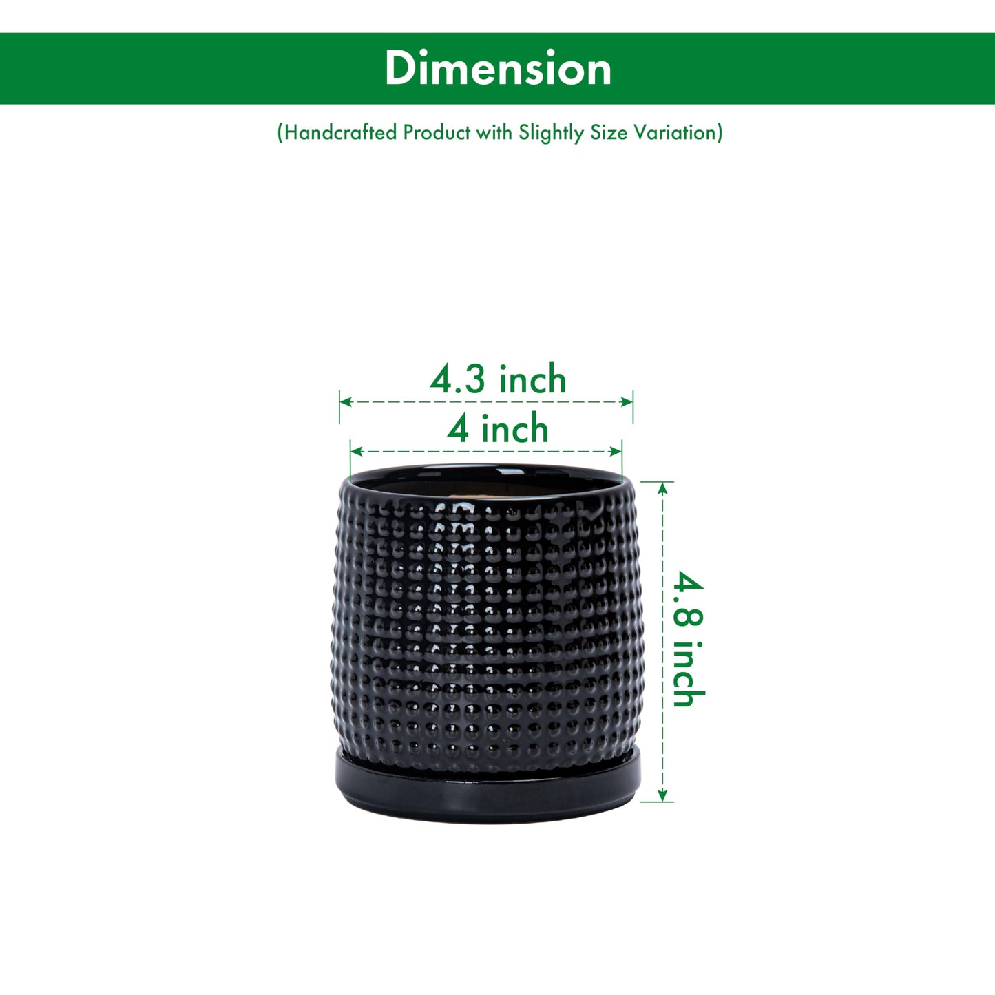 D'vine Dev Set of 2 Ceramic Plants Pots, 4 Inch Beaded Stoneware Flower Pot for Plants with Drainage Hole and Saucer, Glossy Black, 27-E-Z-2