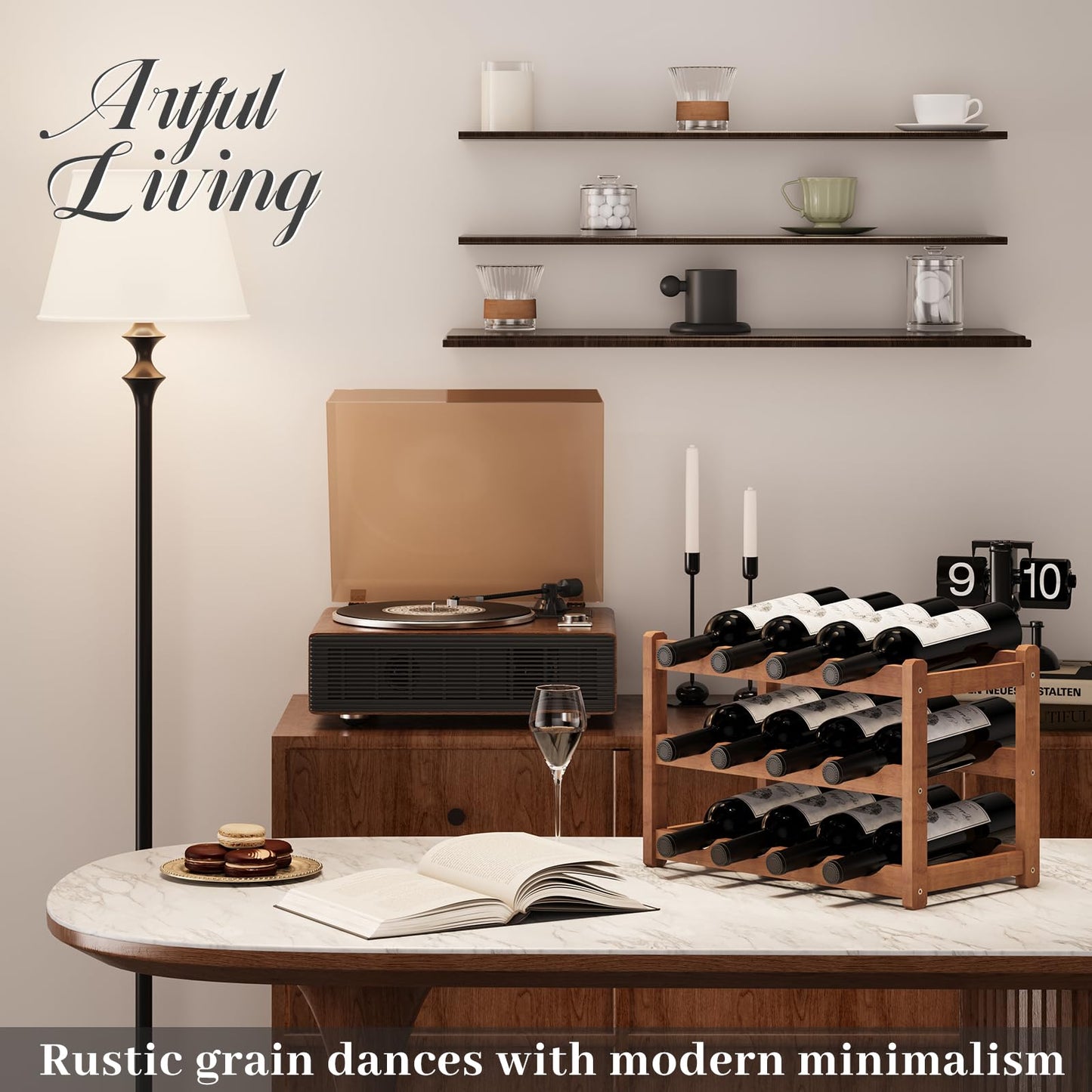AUGOHCMIL Wine Rack，Bamboo Wine Storage Cabinet Shelf，Countertop Wine Shelf- Freestanding Wine Holder for Kitchen & Pantry (Brown, 3-Tier)