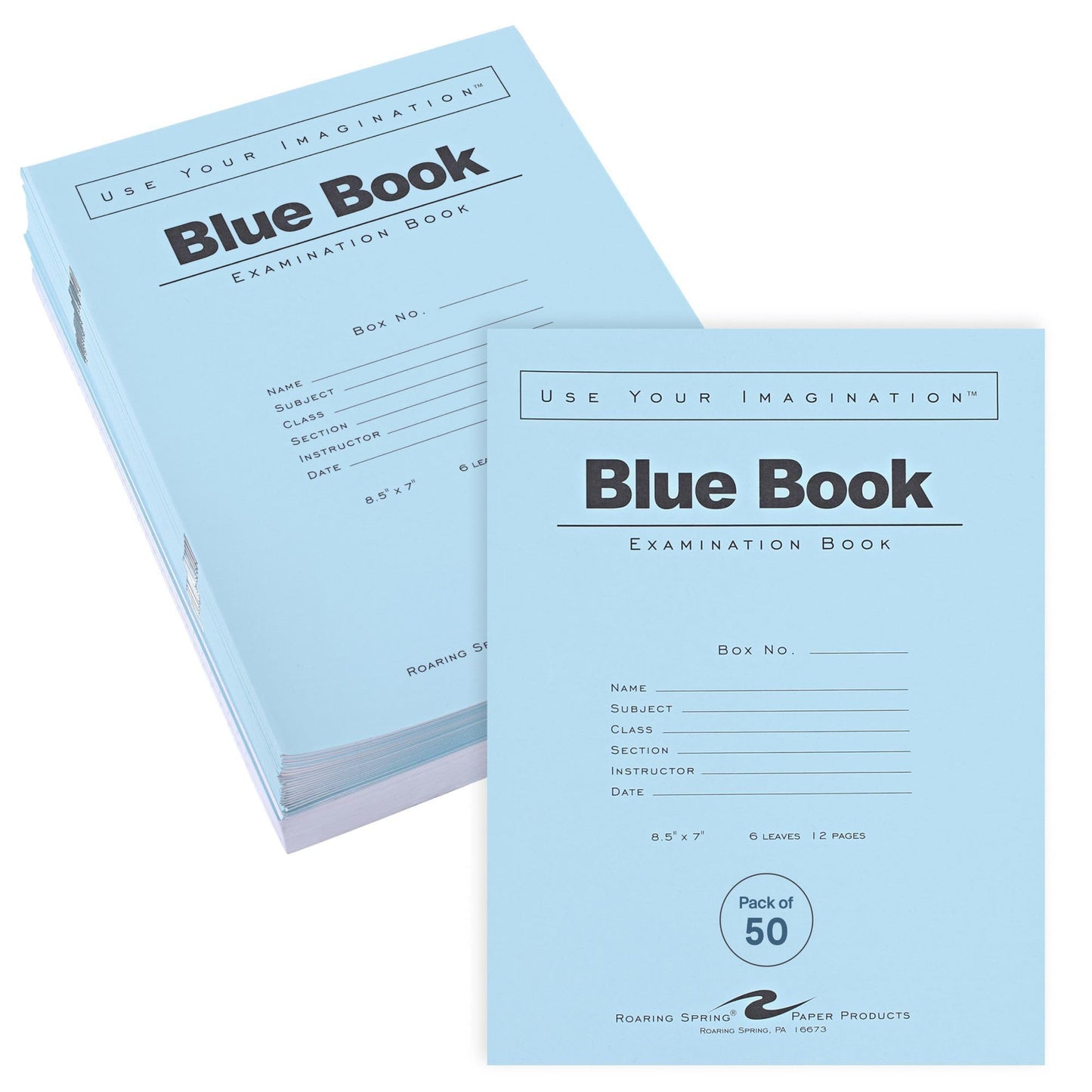 ROARING SPRING Exam Blue Books, 50 School Examination Booklets, 8.5" x 7", 6 Sheets/12 Pages, Wide-Ruled with Margin Student Testbook, Made in USA