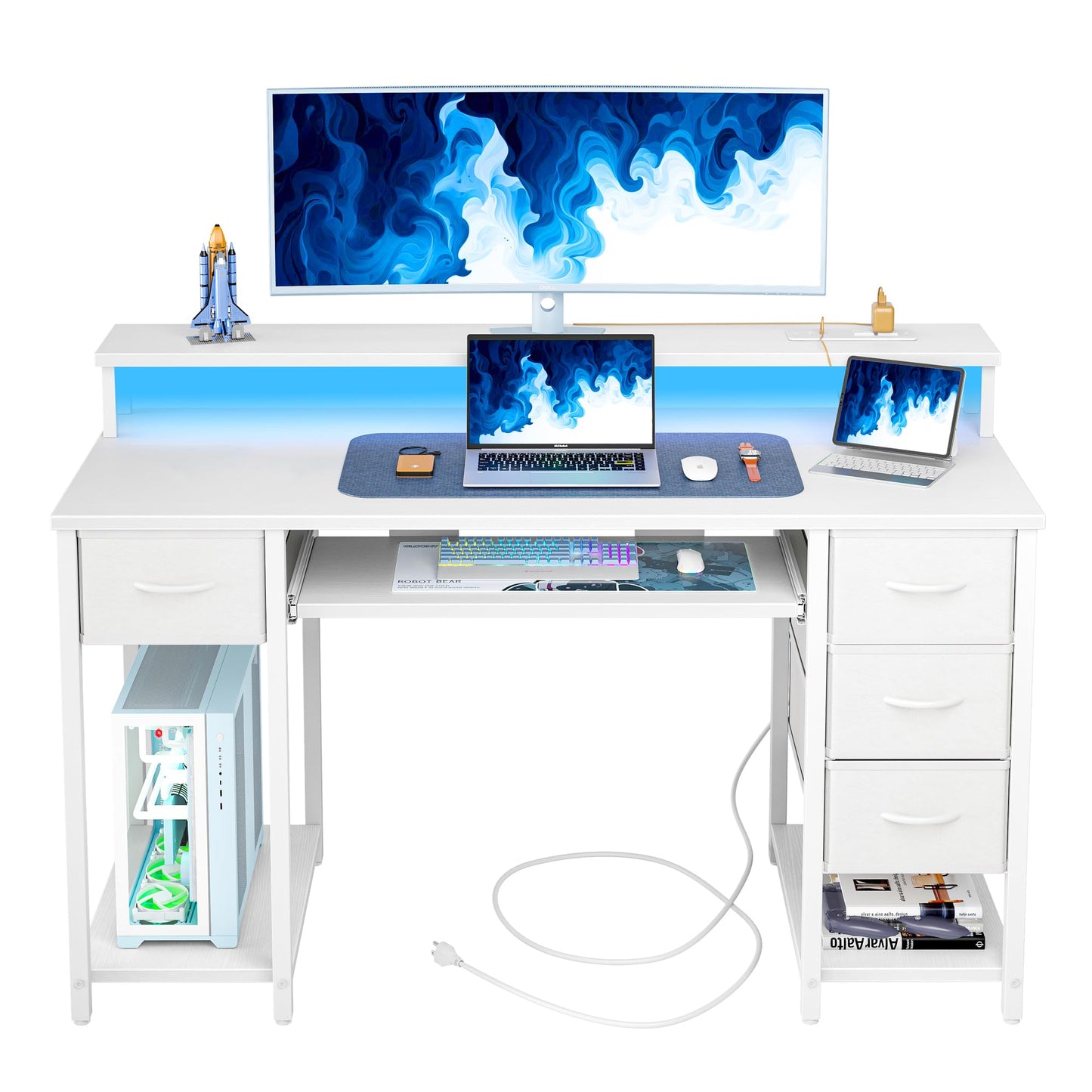 TIQLAB Computer Desk with Drawers and Power Outlets, 47 Inch Gaming Desk with LED Lights, Home Office Desk with Monitor Stand and Keyboard Tray, Study Writing Work Desk for Home Office, White