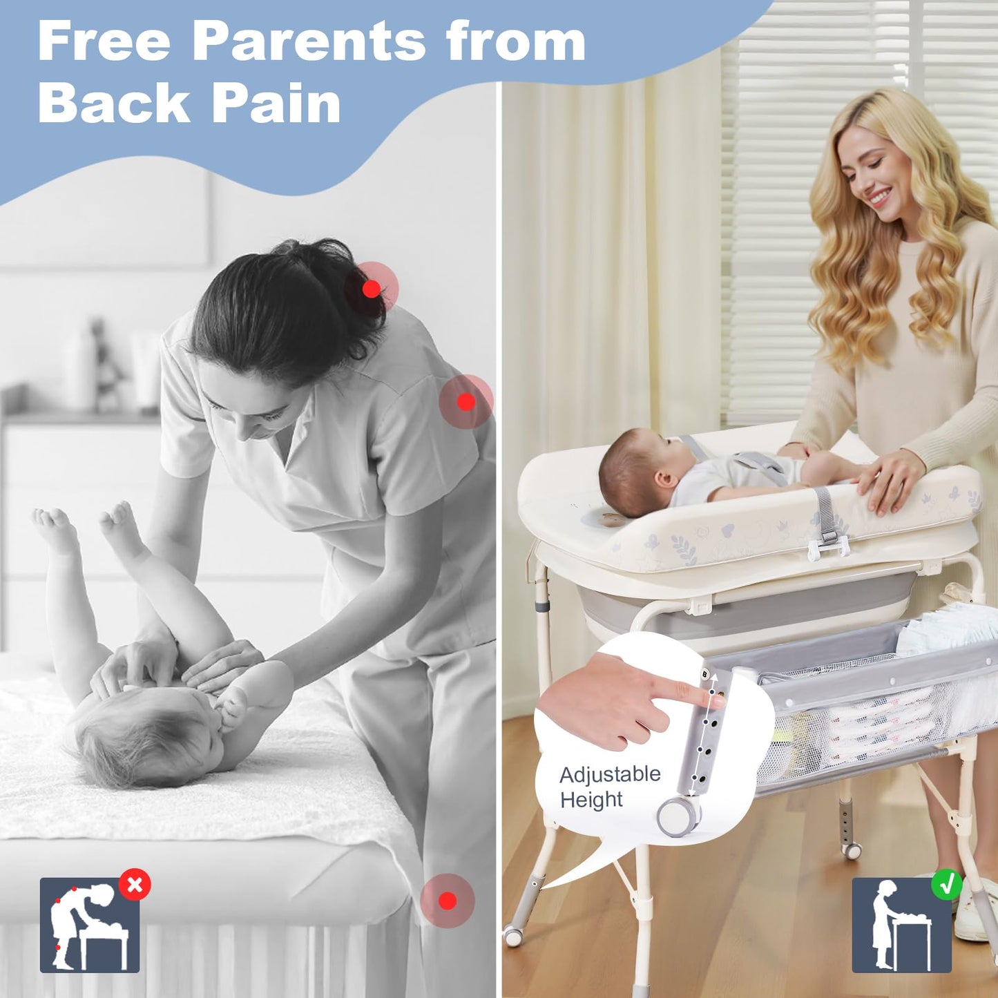 DZMDIP Baby Bathtub with Foldable Changing Table, Standing Infant Bath Tub for Newborn Toddler Shower, Portable Diaper Changing Station with Stand
