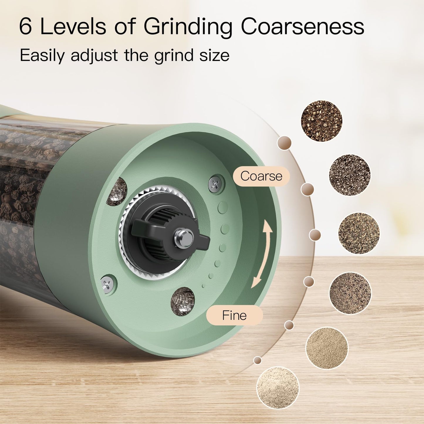 Ultrean Pepper Grinder, Electric Salt and Pepper Grinder Set with USB-C Rechargeable, Spice Mill, 6 Adjustable Coarseness, LED Light, Larger Capacity, Gift for Women Mom, Green