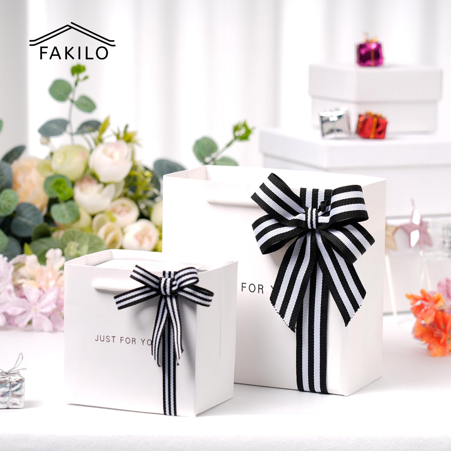 FAKILO Black and White Double-Sided Striped Grosgrain Ribbon for Gift Wrapping, Christmas and Halloween, Wedding Decorations, Handmade Decorations (3/8" x 50yds)