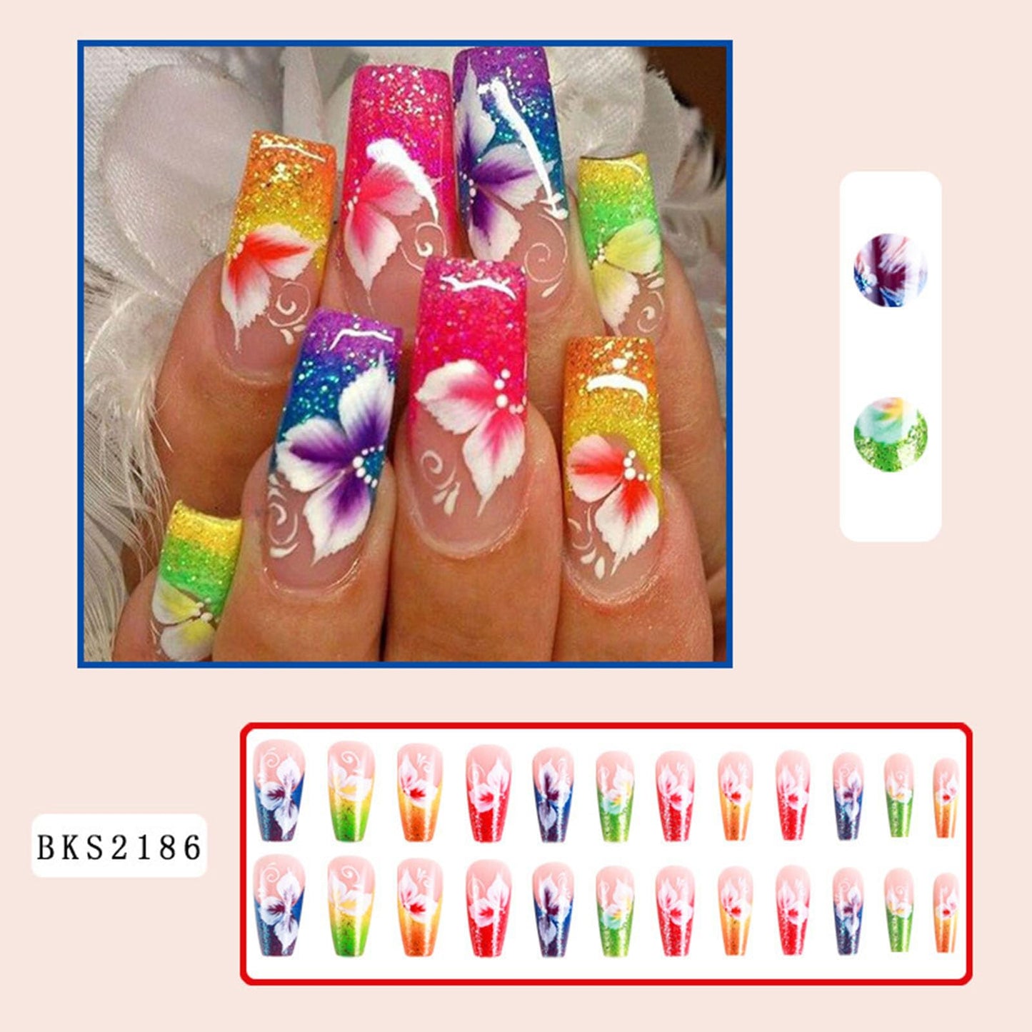 TUZANDW Coffin Press-on Nails with Glue - Flower Designs, Medium Length, Candy Colors, Glitter French Acrylic, Pink, Full Cover False Nails - 24 Pcs