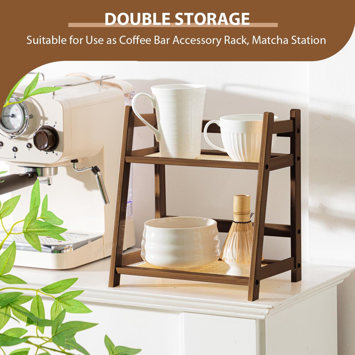 Yalikop 1 Pcs 2 Tier Matcha Station Shelf Bamboo Coffee Mug Stand Countertop Storage Rack, Double Layer Rattan Office Cup, Kitchen, Tea, Plant, Bar Accessories Condiment Display(Brown,10.2 Inch)
