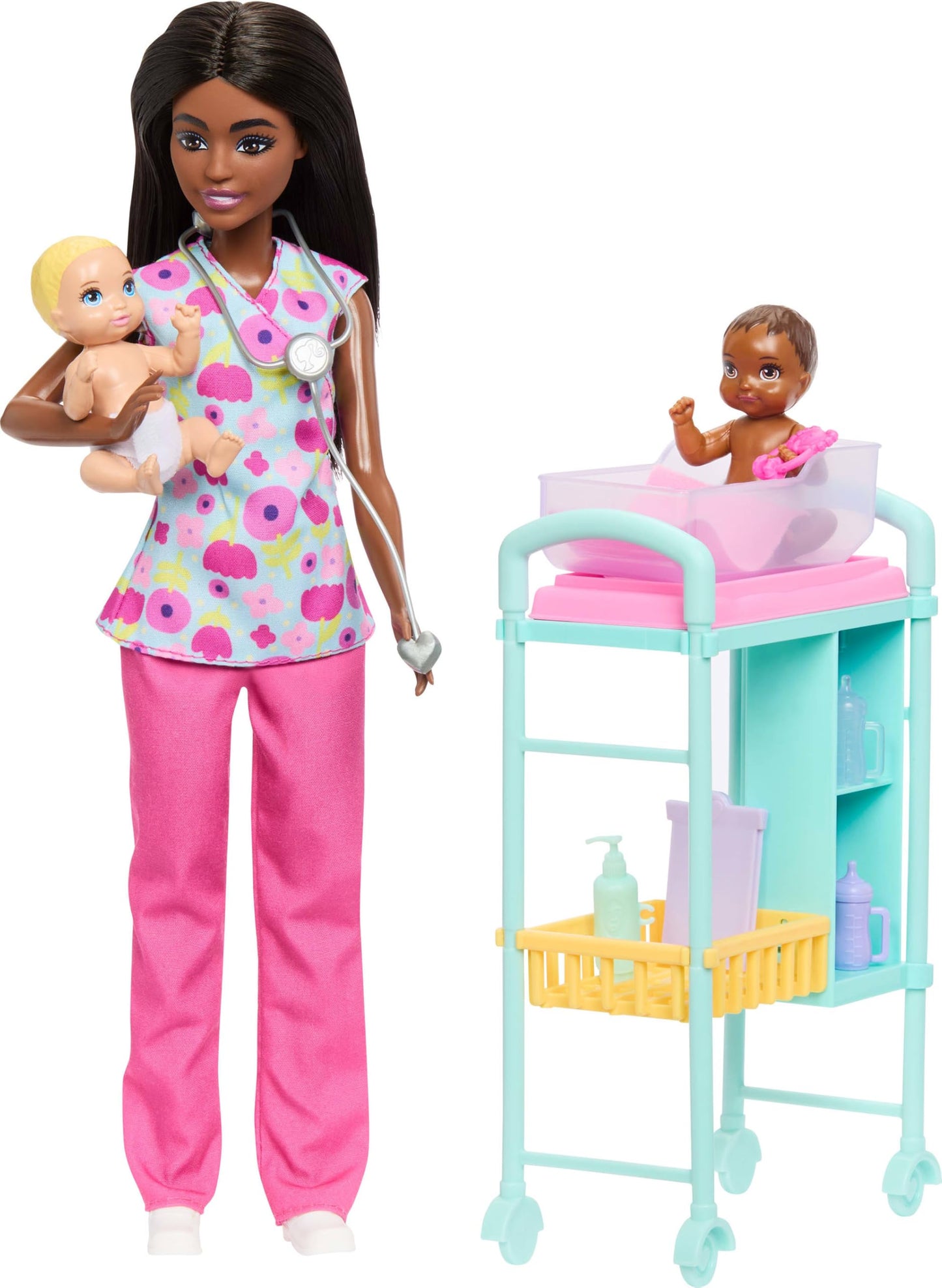 Barbie Careers Baby Doctor Playset with Brunette Doll Wearing Scrubs, 2 Baby Dolls, Examination Table & Accessories