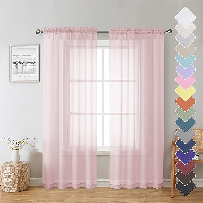 Lecloud Blush Pink Sheer Curtains 72 Inches Long 2 Panels, Lightweight Dual Rod Pockets Girls Bedroom Curtains, Breathable Solid Living Room/Dining Room/Backdrop/Door Voile Drapes, 40" W x 72" L