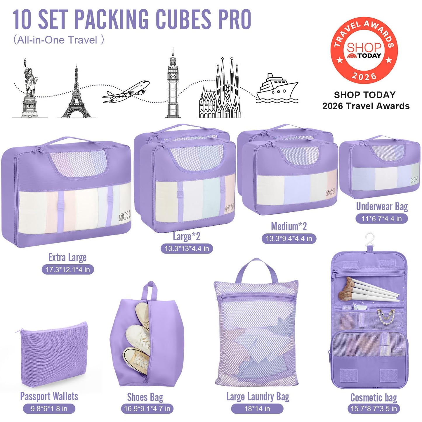 Veken 10 Set Packing Cubes for Travel Essential, Suitcase Organizer Bags in 4 Sizes, Carry-On Luggage Accessories with Large Laundry & Hanging Toiletry Bag, Must-Have for Airplane, Road Trip & Camping