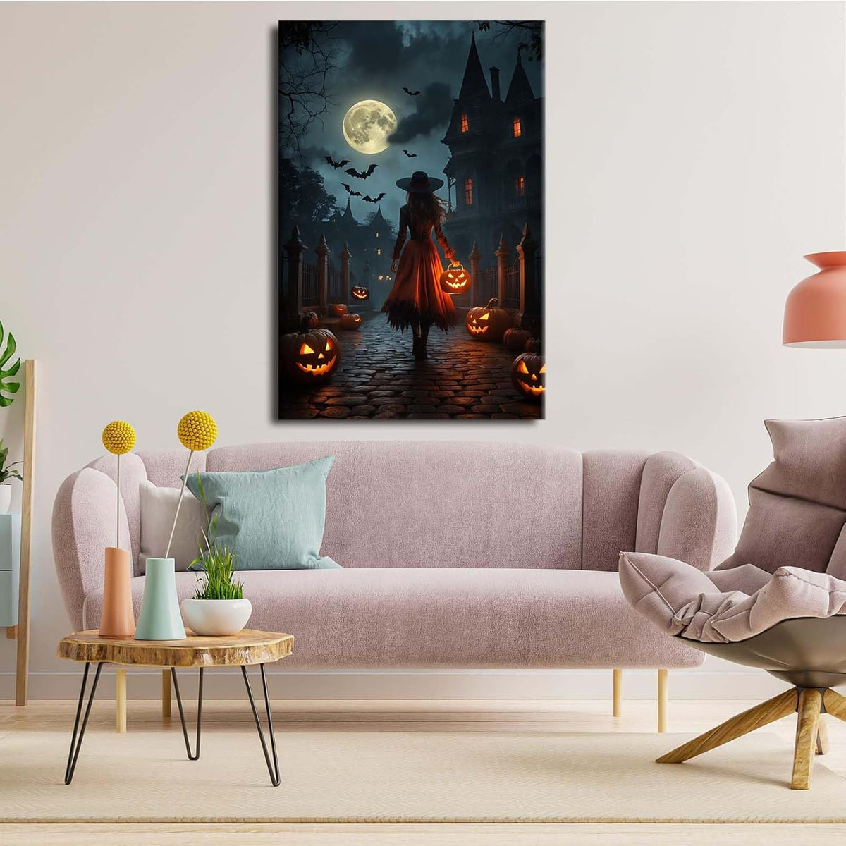 Halloween theme poster moonlit autumn night witch vintage poster art print dark college style gothic painting canvas wall decoration bedroom living room ideal gift24x36in Wood Framed