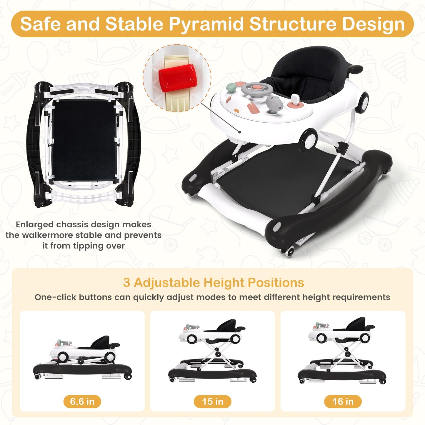 Baby Walker, 5-in-1 Baby Walker for Boys and Girls with Bouncer, Removable Footrest, Music, Foldable & Adjustable Speed Wheels Activity Walker for 6-18 Months Toddler Infant(Black)