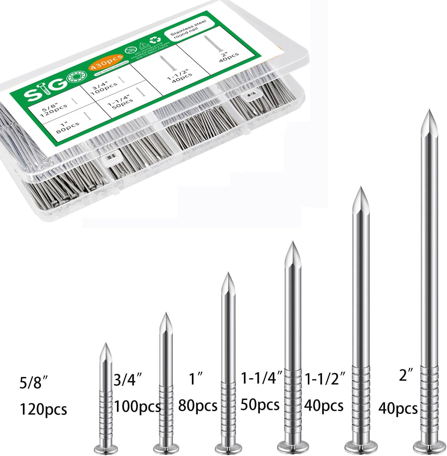SIGO 430pcs Stainless Steel 304 Nails Kit, 6 Sizes (5/8", 3/4", 1", 1-1/4", 1-1/2", 2") for Picture Hanging, Wall & Woodworking Projects
