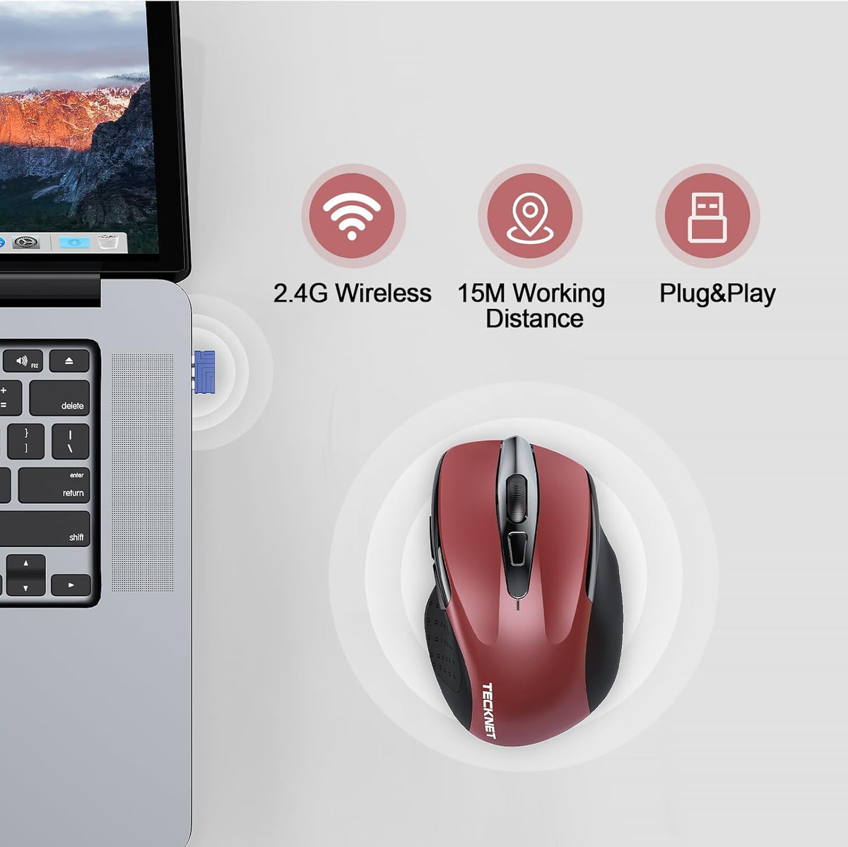 TECKNET Rechargeable Wireless Mouse, 2.4G Silent Mouse, Quiet Click, 6 Adjustable 4800 DPI, Cordless Computer Mouse, Ergonomic Mouse for Laptop, 6 Buttons USB Mouse for Chromebook, Ergo Grip - Red