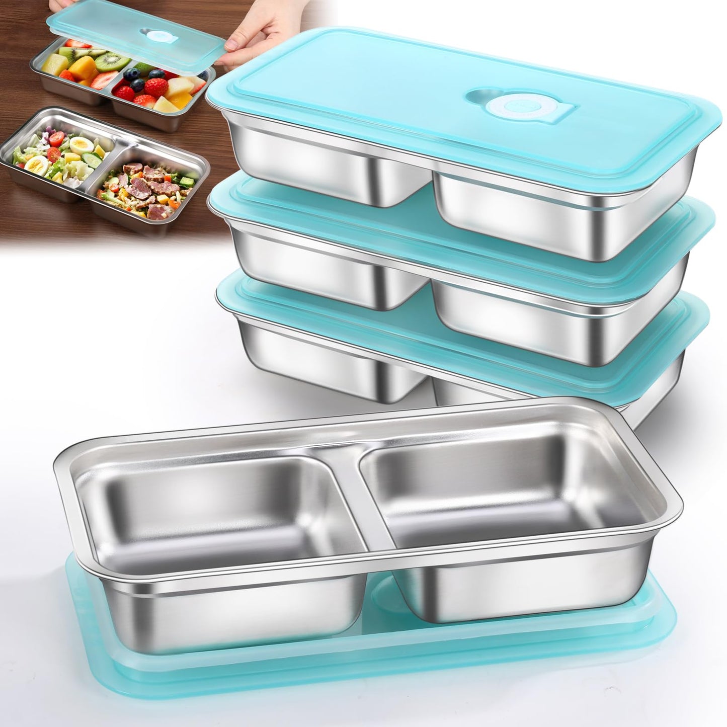Tikmos 4 Pack Stainless Steel Snack Containers Reusable, Grab and Go 2 Compartment Food Storage Meal Prep Containers with Lids Stackable for Travel Camping School Lunch, Gifts for Gym Home Cooks