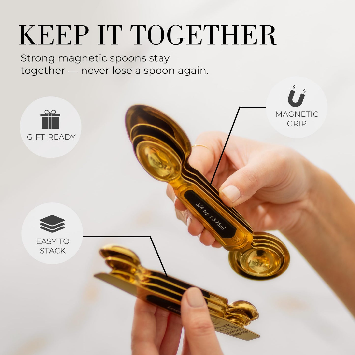 Gold Magnetic Measuring Spoons with Leveler - Featuring 8-Piece Upgraded Style, Dual-Sided, Stackable, Stainless Steel Gold Measuring Spoons Set - Fits in Spice Jars, Luxury Kitchen Accessories