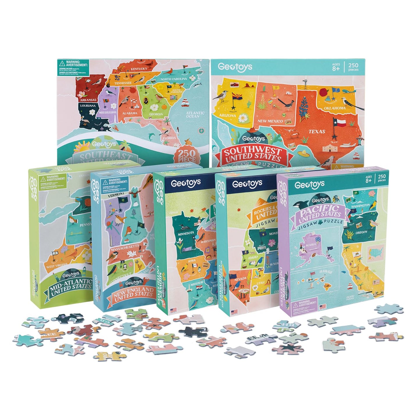 Geotoys USA Regional Jigsaw Puzzle Bundle - Set of 7 Jigsaw Puzzles for Kids Ages 8-12 - 250 Piece Puzzles for Kids Featuring New England, Midwest, Pacific & More – Regional US Map Puzzle with Flags