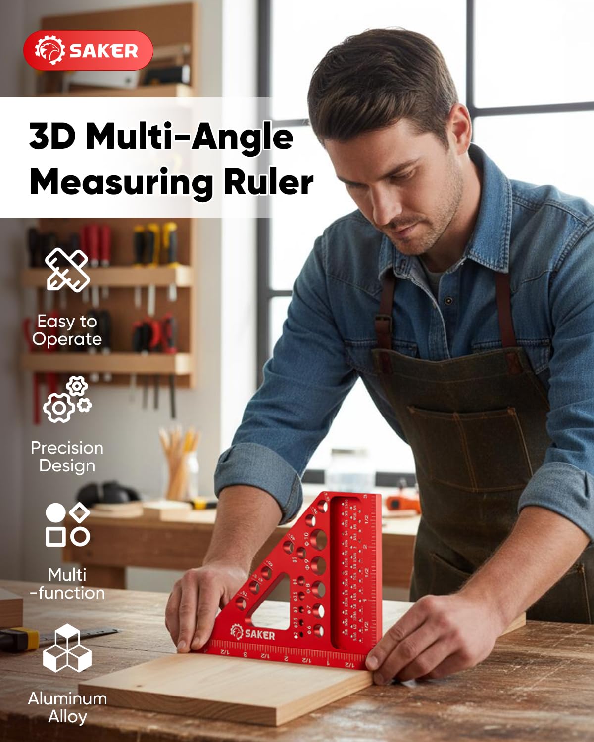 Saker 3D Multi-Angle Measuring Square Ruler, Aluminum Alloy Carpenter Square, 0-90° Precision Hole Scribing Ruler with Angle Pin for Woodworking, Engineering, and Construction Projects