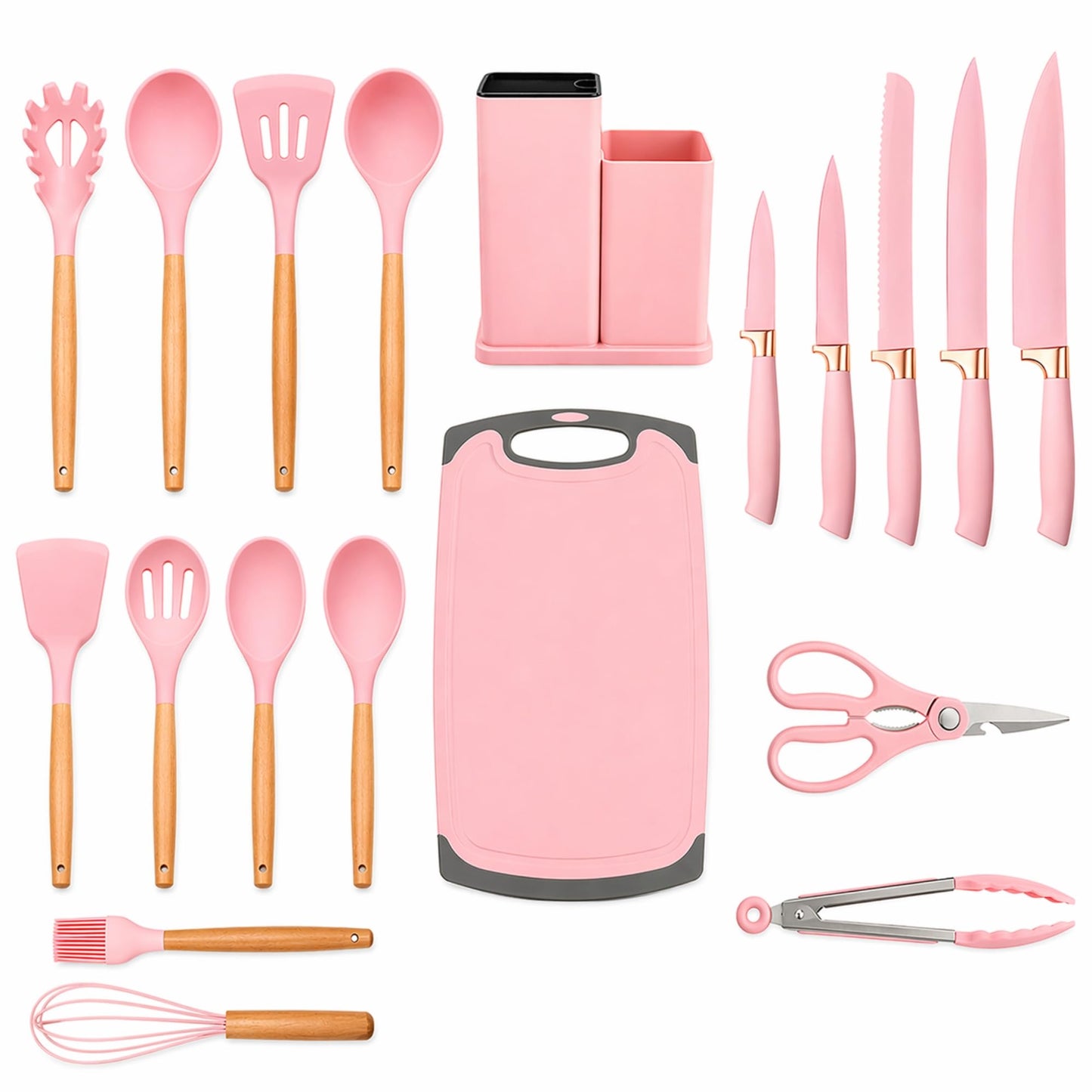 19-Piece Pink Kitchen Set for First Apartment - Complete Silicone Cooking Utensils with Wooden Handles, Pink Knife Set, Cutting Board & Holder - All-in-One Kitchen Starter Kit for New Home, BPA-Free