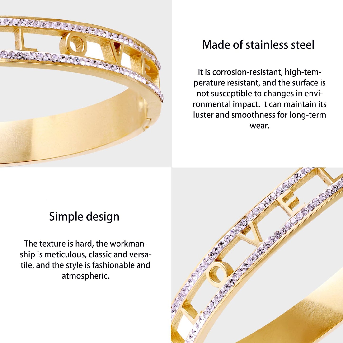 Vbvbip 18K Gold Plated 316L Stainless Steel Bangle Bracelet Collection - 12 Unique Designs + Matching Diamond-Accent Titanium Steel Chain, Gift for Women