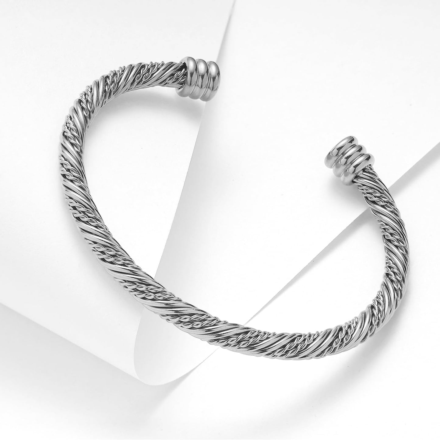 BOLAGTIER Stainless Steel Twisted Cable Wire Bracelets Adjustable Open Cuff Bangle Bracelet Vintage Jewelry Gift for Women (C-Silver 62)