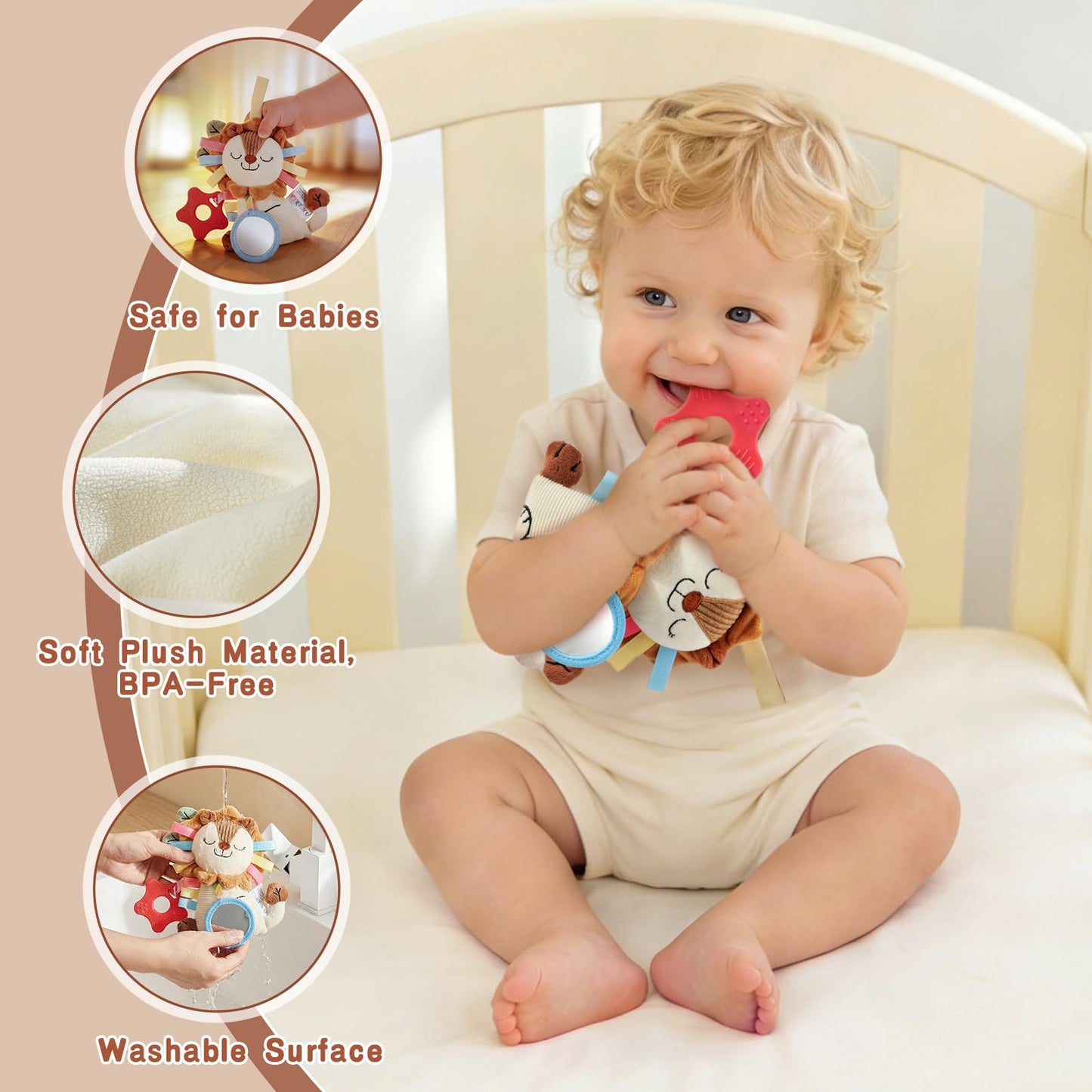 TYRY.HU Car Seat & Stroller Activity Toy,Soft Plush Cot Hanging Toy, Baby Rattle Toy with Strap,Developmental Sensory Toy-Textured Ribbons&Teether&Mirror&Crinkle Sounds for Infants 0 3 6 12 Months