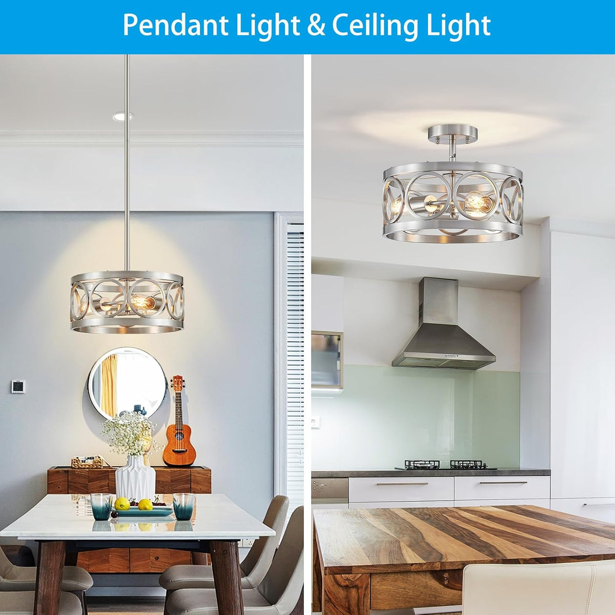 XINGQI Nickel Ceiling Light Adjustable Height Pendant Lighting Fixture 3-Light Metal Lamp 13" Rustic Round Lights for Dining Room Kitchen Bedroom Foyer Hallway
