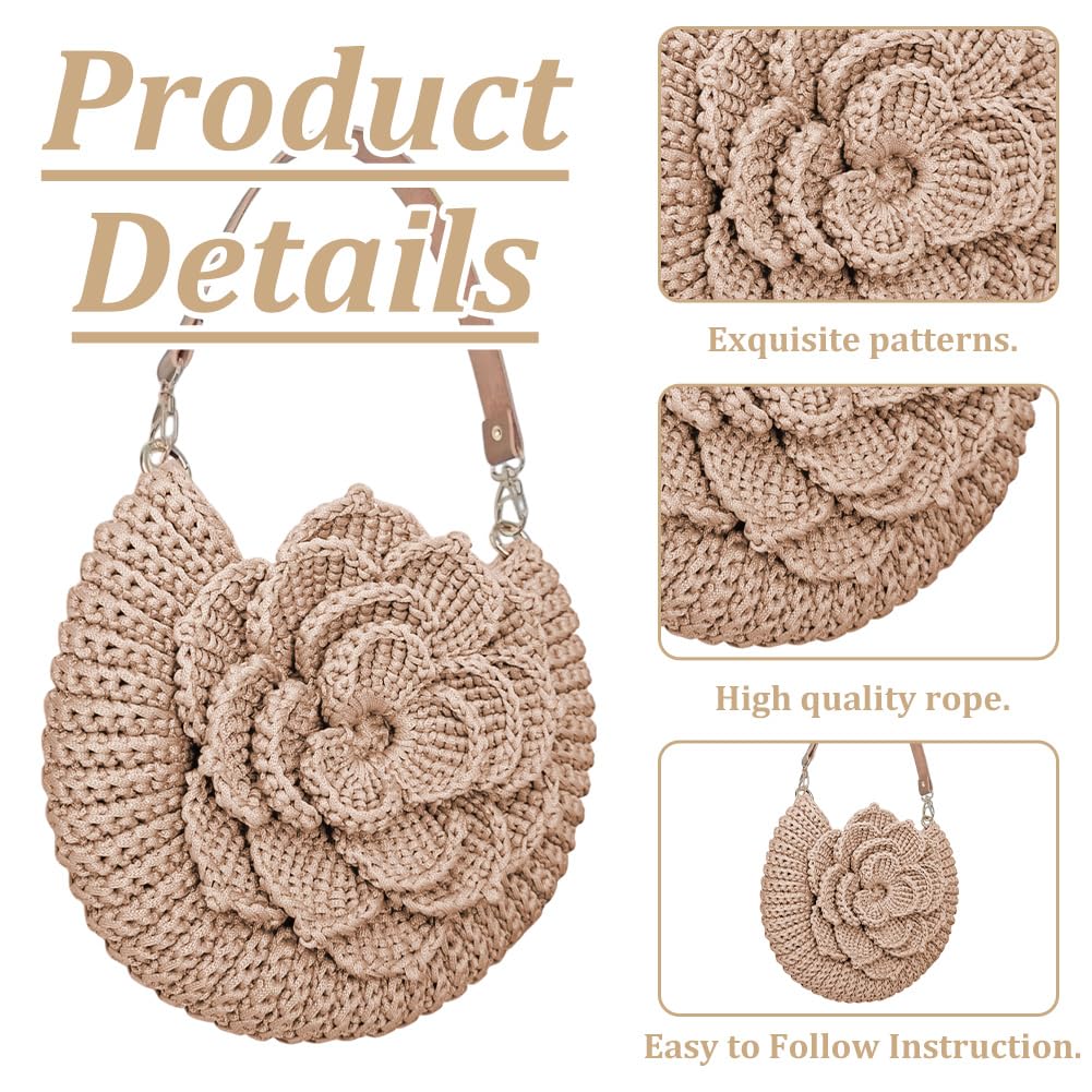 FREEBLOSS DIY Crochet Bag Making Kit Crochet Starter Kit with Video Tutorial PU Leather Handle Handmade Shoulder Bag Set for Beginners Birthday Gift Beige