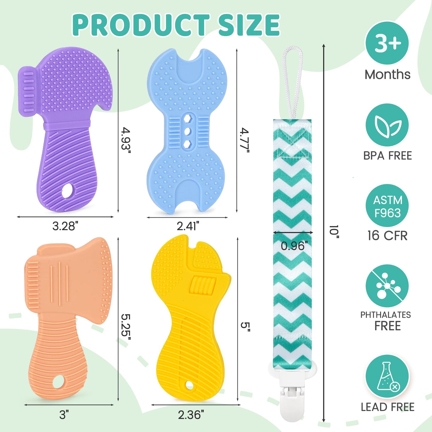 Baby Teething Toys, 4 Pack Silicone Baby Teether Toys with Pacifier Clips, Tool Shape for Babies 0-6 6-12 Months, Multi-Texture Gum Massage Teething Relief, Easy Grip for Newborn Infant Toddler