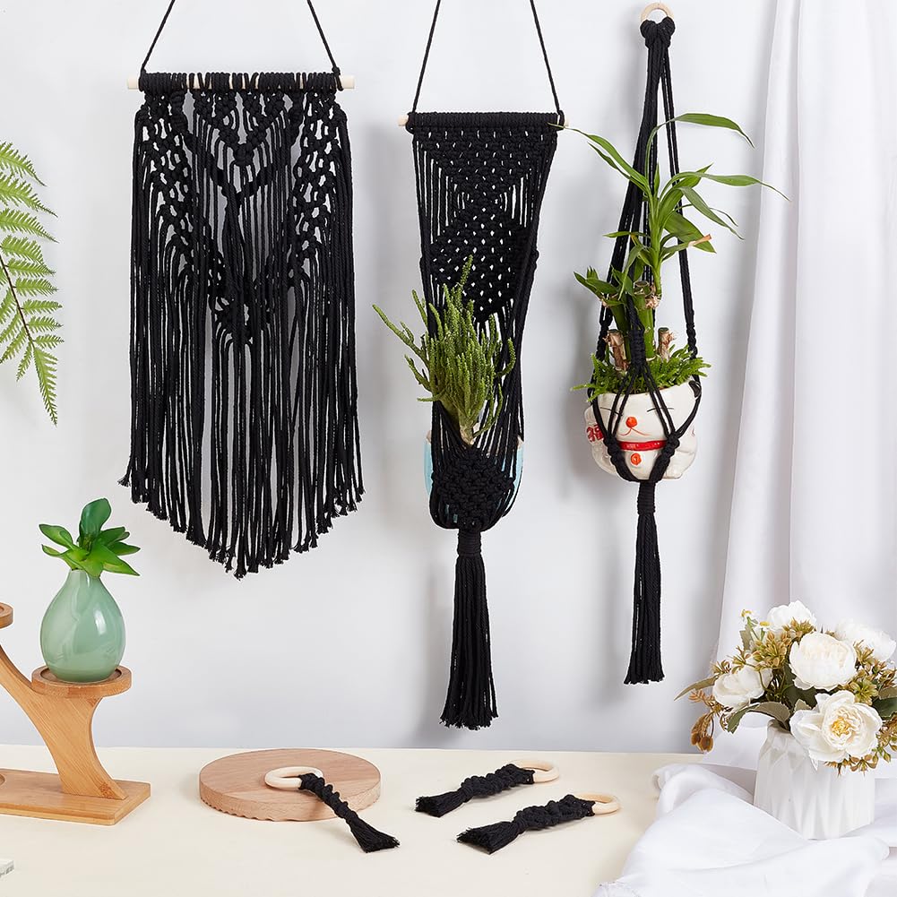 IFNUNLY 8 Set Black DIY Macrame Kit for Beginners - Starter Kit with Wall Hanging, Plant Hanger, Keychain & Instructions