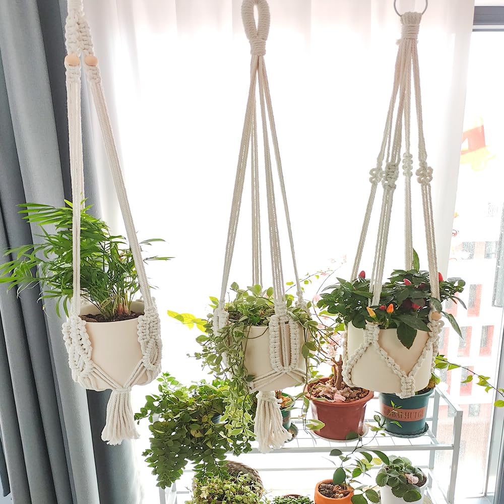 TENEWEE 3 Pack Macrame Plant Hangers Handmade Woven Boho Hanging Planters for Indoor Plants Window Balcony Home Decor