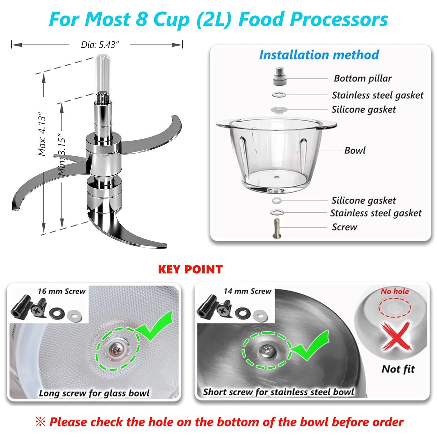 Stainless Steel Food Processor Blade, Plastic-Free & Self-Adjustable Height, 8 Cup/2L Chopping Blade Compatible with Ganiza, SPZTJK, BUMET, Syvio, Homeasy ect. Bi-Level Blades, Safer Baby Food Making