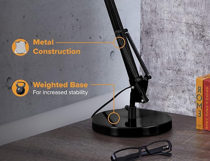 Bostitch Office VLF100D Swing Arm Desk Lamp, Metal, 36" Reach with Multi-Joint Adjustment, Includes Replaceable LED Bulb (VLF), Black