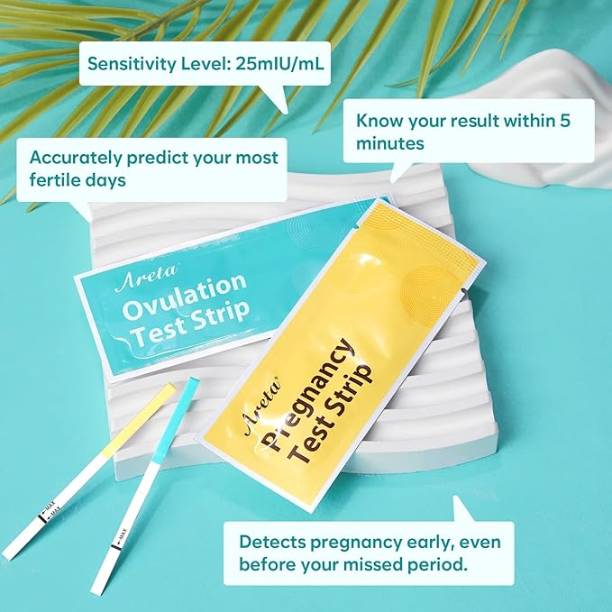 Areta Ovulation & Pregnancy Test Strips: 70 Ovulation Strips & 20 Pregnancy Tests Combo Kit | Accurate at-Home Fertility Tracker | Highly Sensitive Early Pregnancy Detection | 70 LH + 20 HCG