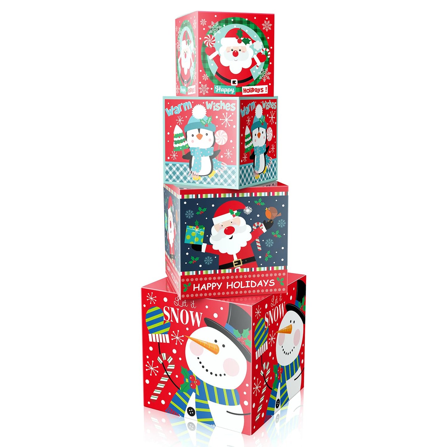Linelglobal Christmas Gift Box with Lid - 4-Pack Stackable Square Decorative Box Set Assortment - Red
