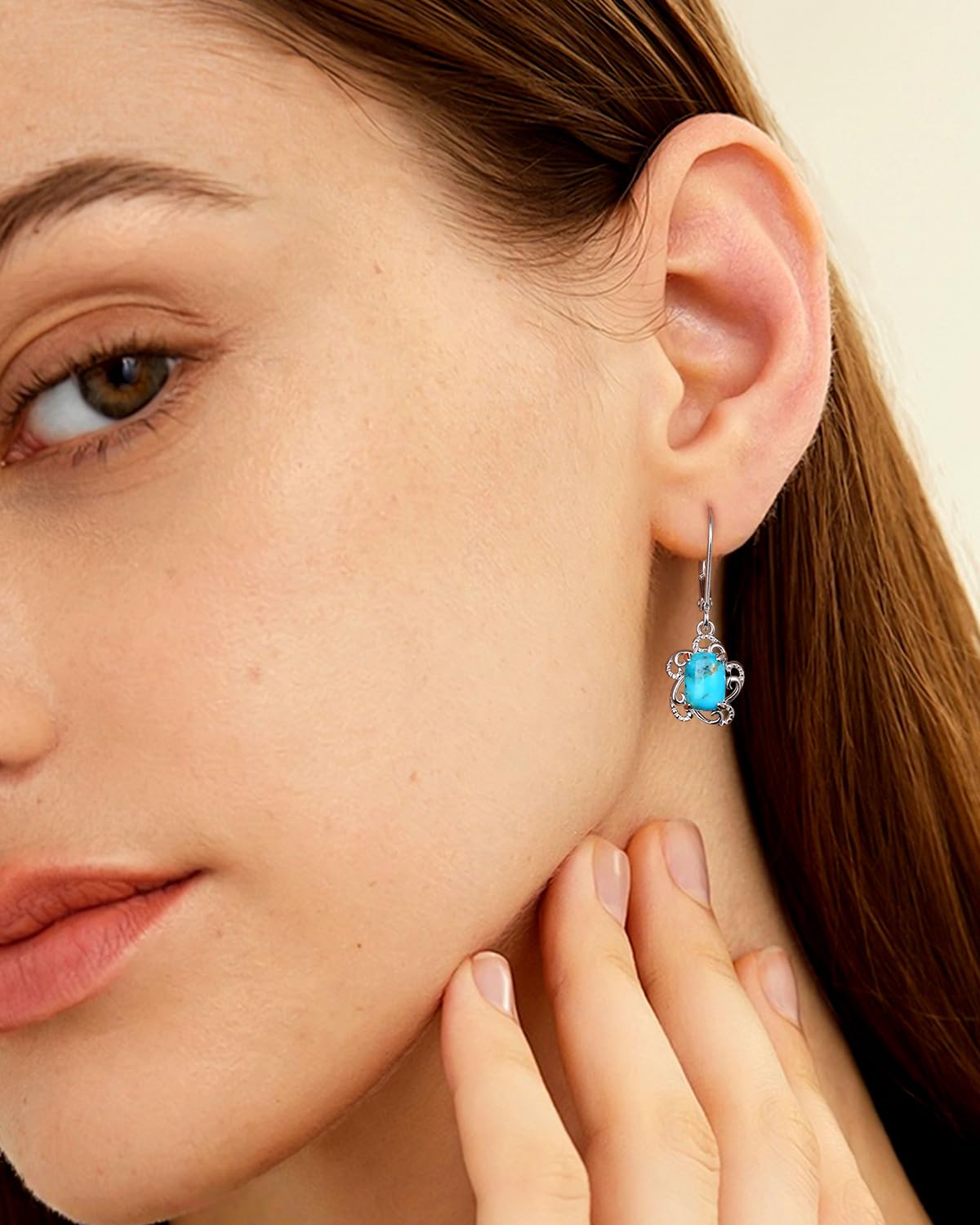 AIBAO Turquoise Earrings for Women Sterling Silver Blue Gemstone Flower Drop Earrings Native American Jewelry Bohemian Western Turquoise Dangle Earrings