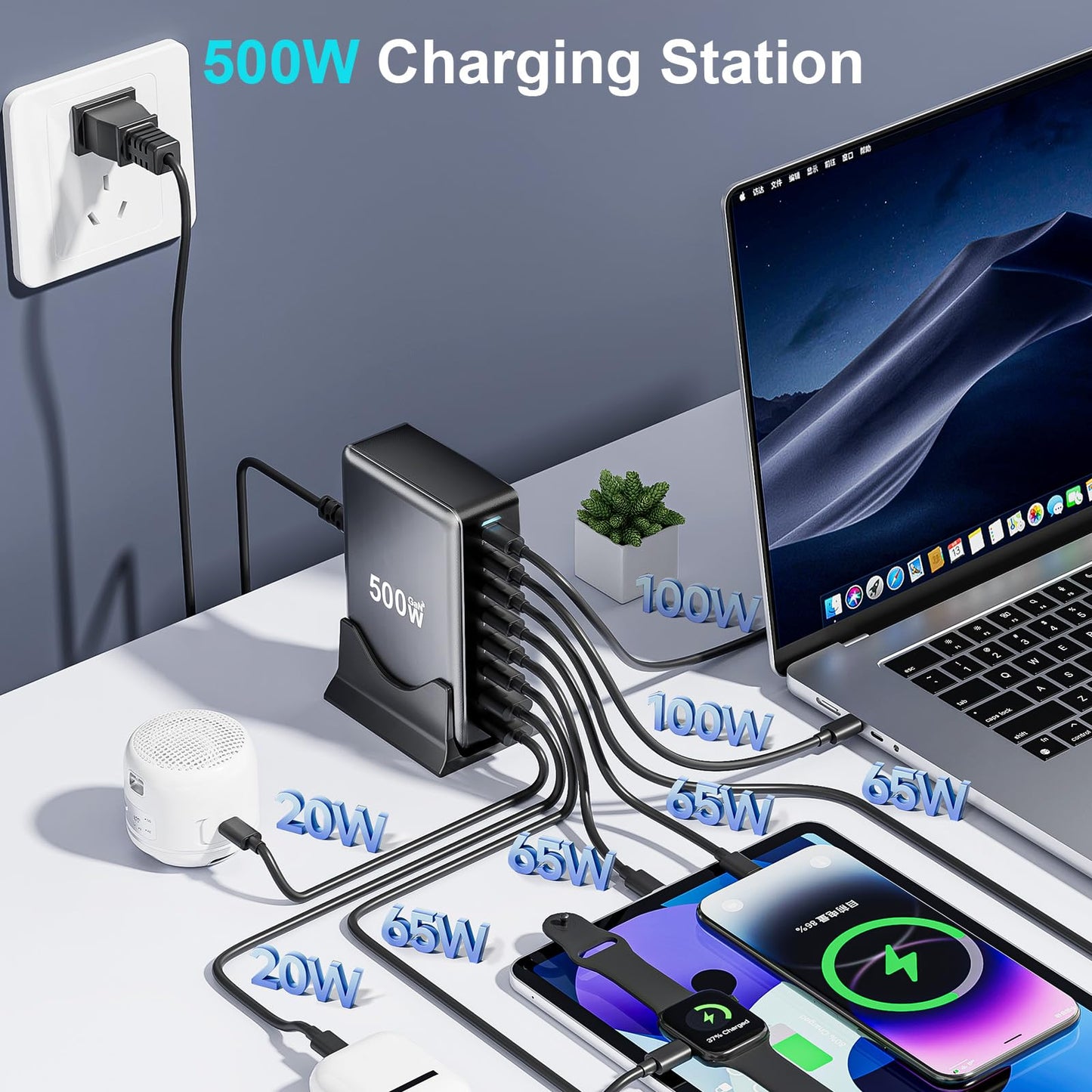 500W USB C Fast Charger Block, Multi-port USB Charging Station, GaN Ⅲ Double 100W PD PPS Port Fast Charging Station for Multiple Devices,Laptop Wall Charger Compatible with MacBook, iPhone 17,iPad etc