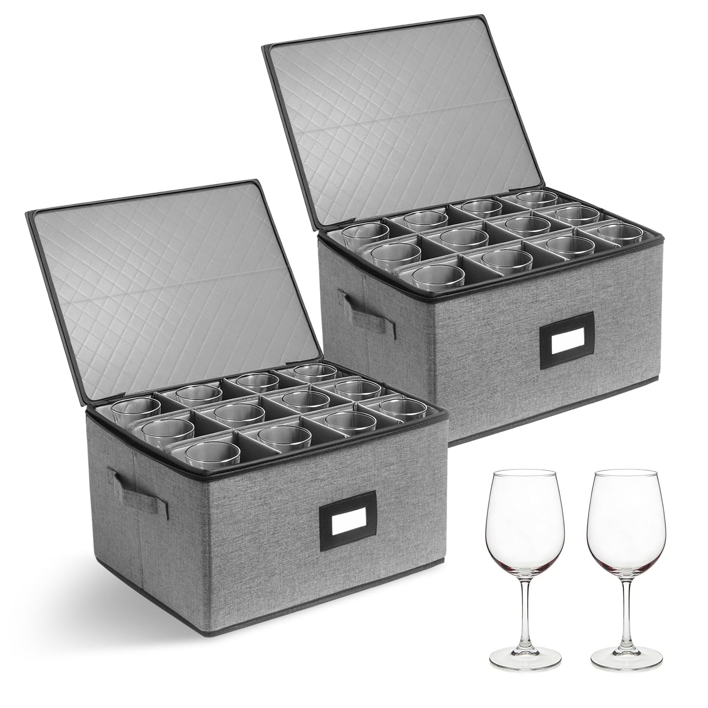 Wine Glass Storage Moving Box with Dividers 2 Pack, Holds 24 Glasses Containers Hard Shell, Glassware Stemware Holder, Packing Boxes with Lid Handle, Essentials for Glass Moving Organizing Gift