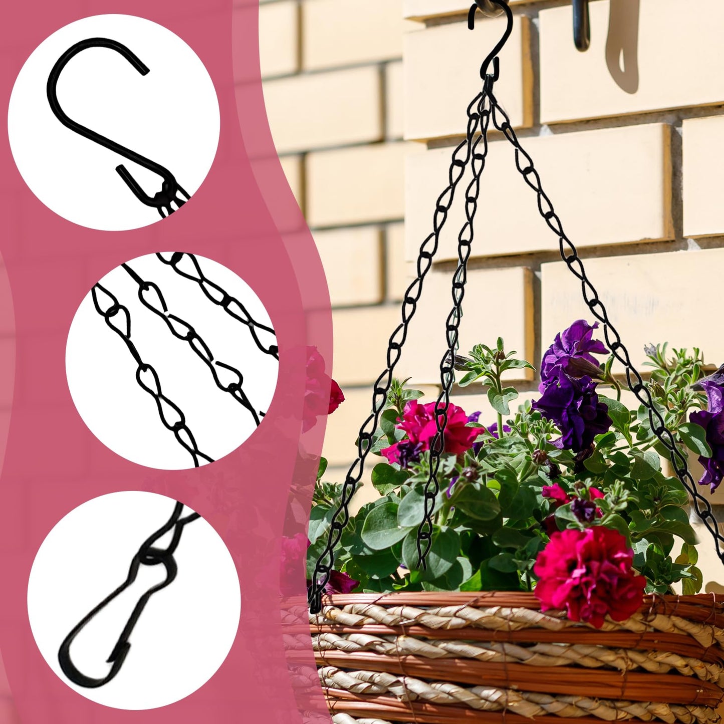 suiwotin 3pcs 16 Inch Hanging Basket Chains 3 Point, Black Chain with Hooks for Hanging Plants, Flower Pot