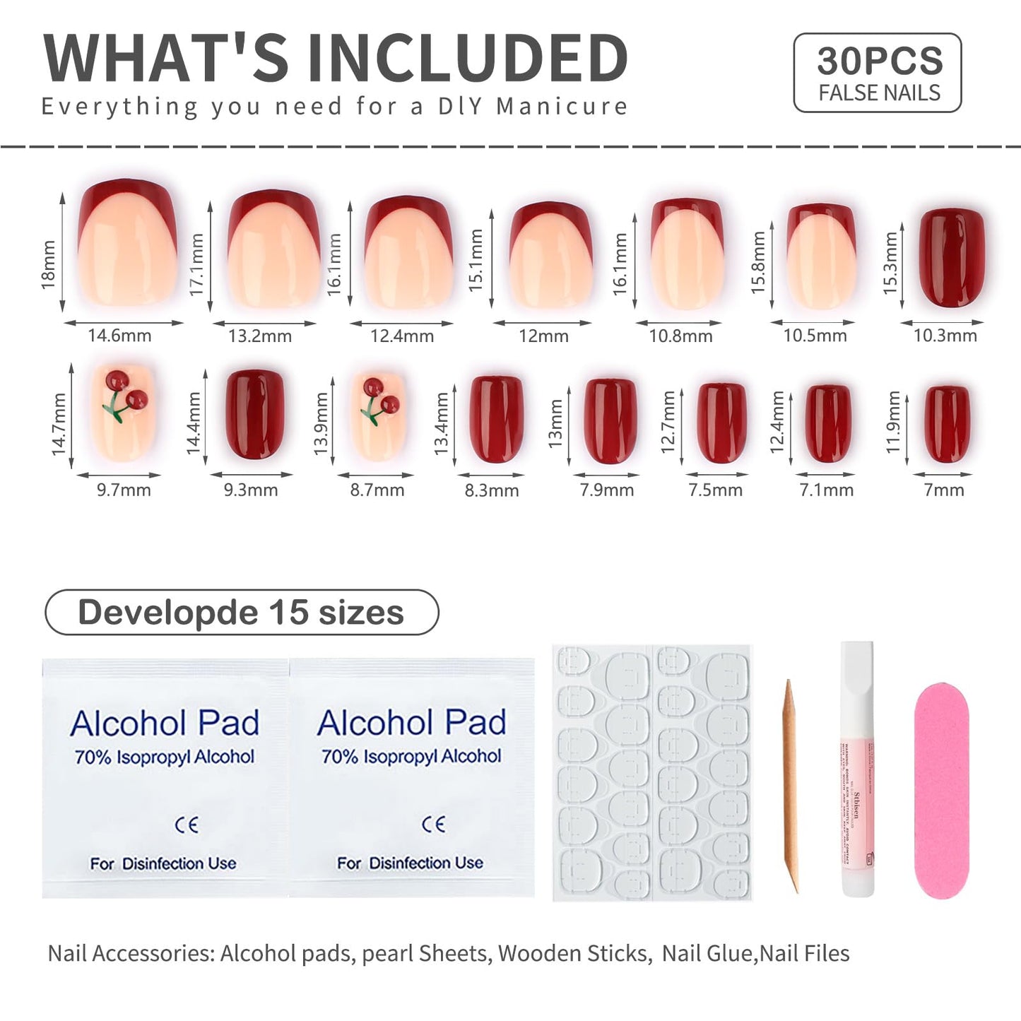 Mivota Cherry Press On Nails Short Square Shape Glossy French Tip Fake Nails with 3D Cherry Design, 30PCS Reusable Acrylic Stick On Nails, Cute Red & Pink False Nails for Women