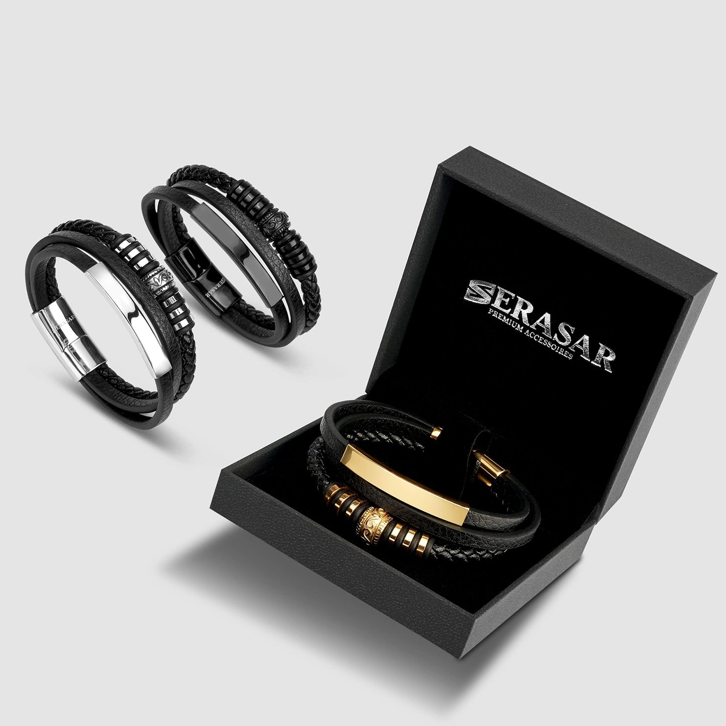 SERASAR Mens Bracelets 20cm Gold Gift Box Genuine Leather Cowhide Braided Adjust Able Magnetic Clasp Multi Layer Wrap Jewellery Rope Man Mans Male Band Jewelry Accessories