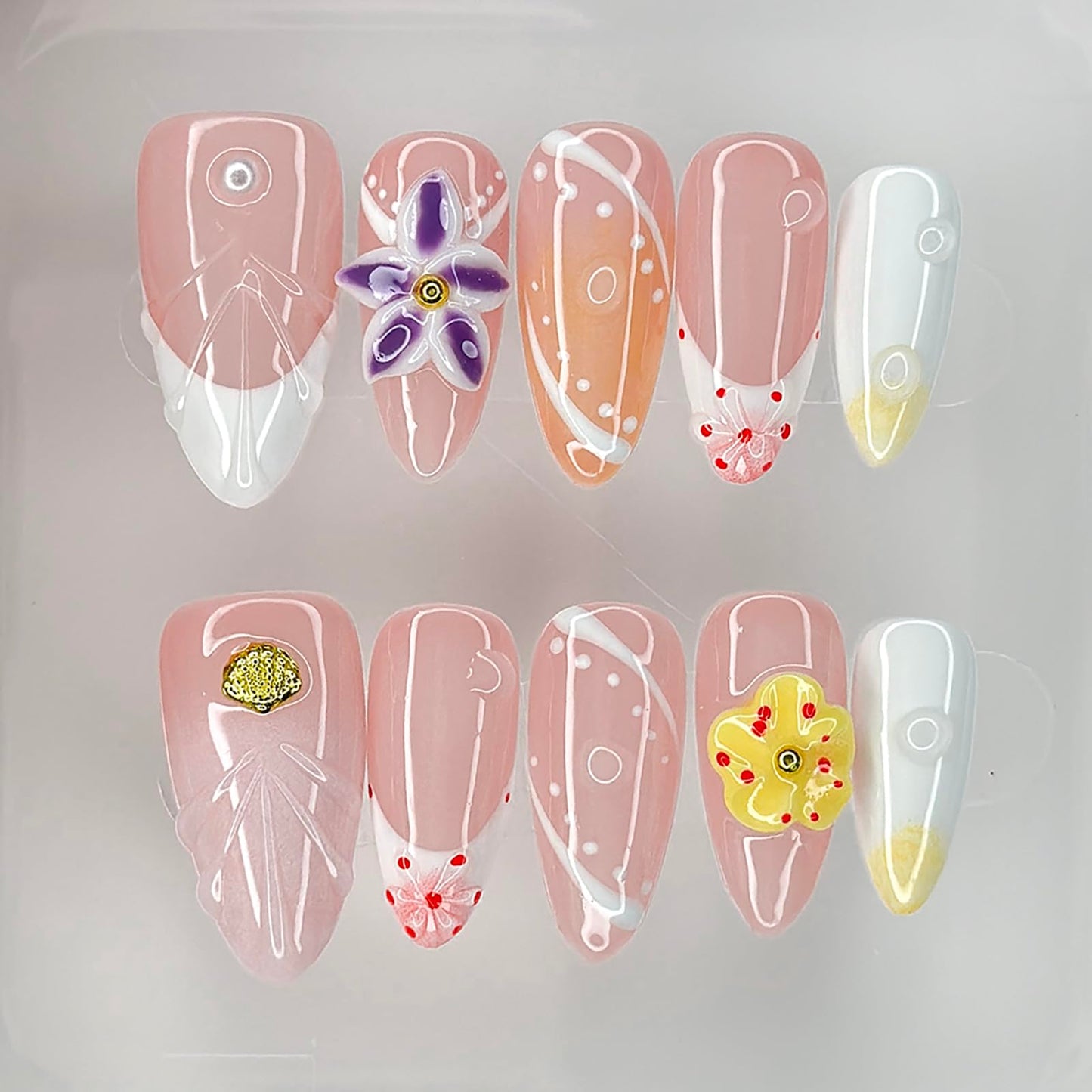 Luxury Press on Nails Medium Almond Handmade 3D Unique Reusable ABS Material Fake Nails French Tip False Nails with Designs Yellow&Purple Floral Art Petal Glossy Glue on Nails Thick Acrylic Nails(M)