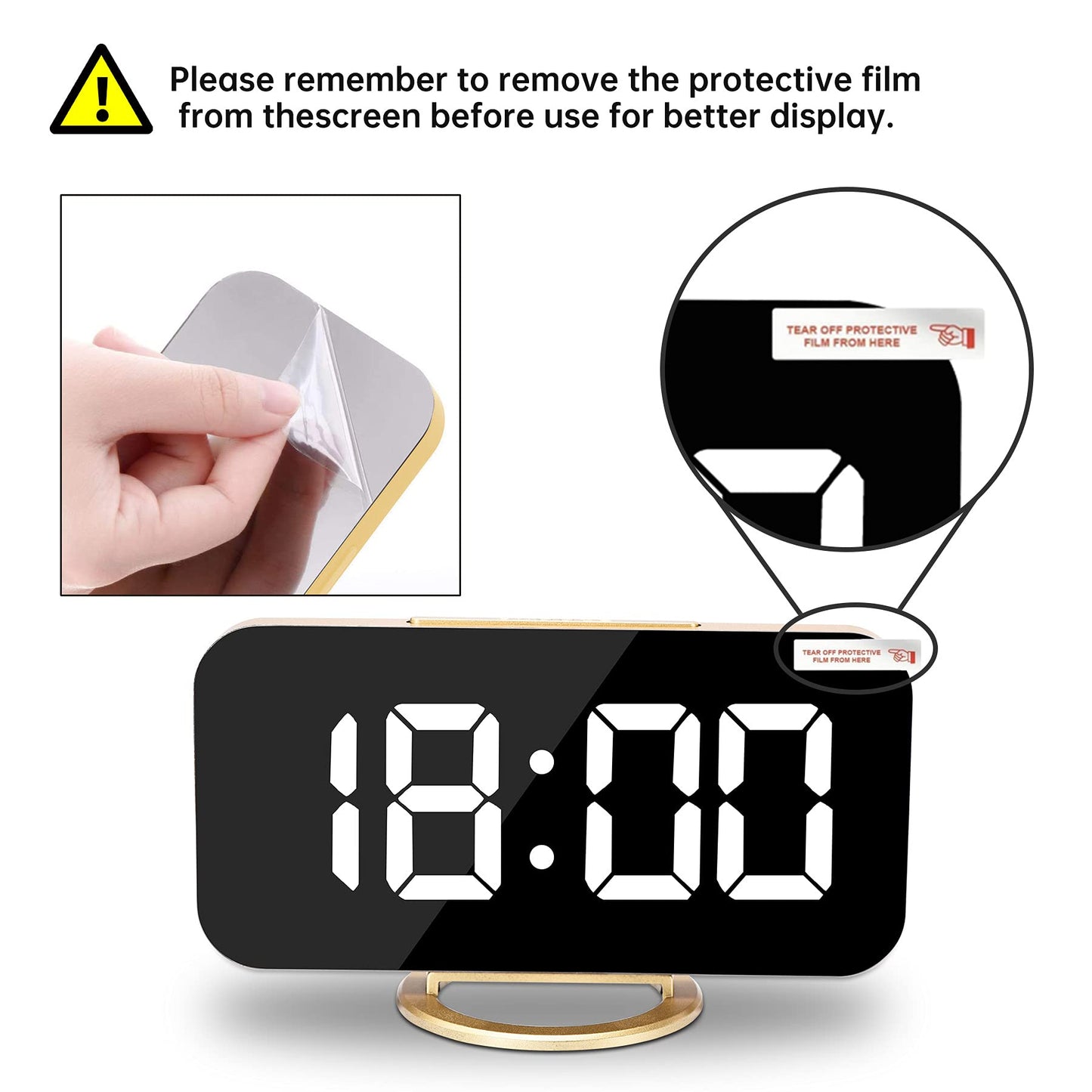Poeroa Digital Alarm Clock,7 in LED Mirrored Clocks Large Display,with 2 USB Charger Ports,Auto Dim,Night Mode,Modern Desktop Electronic Clocks for Bedroom Home Office Decor - Gold