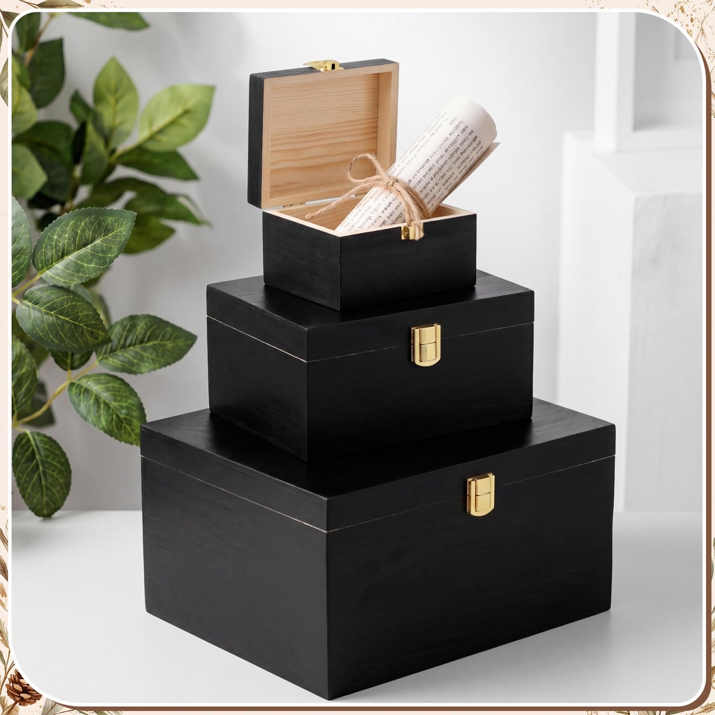 Novabright 3 Pack Wooden Keepsake Box, 3 Size Handmade Decorative Treasure Chest Box, Gift Ideas for Men & Women Jewelry Rings Storage(Black,Pine Wood,Simple)