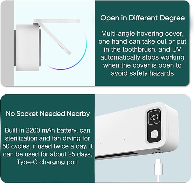 StarWin UV Toothbrush Dryer Holder, Fan Drying and Timer Function, Rechargeable Tooth Brush Holder Wall-Mounted for Bathroom, No Drilling, 5 Slots