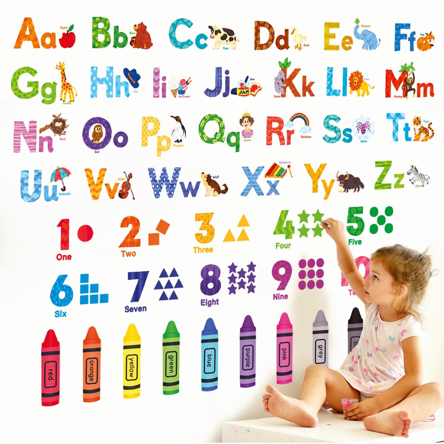 DECOWALL DS-8044 Animal Alphabet Numbers Colour Decals Stickers Kids Peel and Stick Removable for Room décor Letters ABC Classroom playroom Decorations Educational Bedroom Nursery