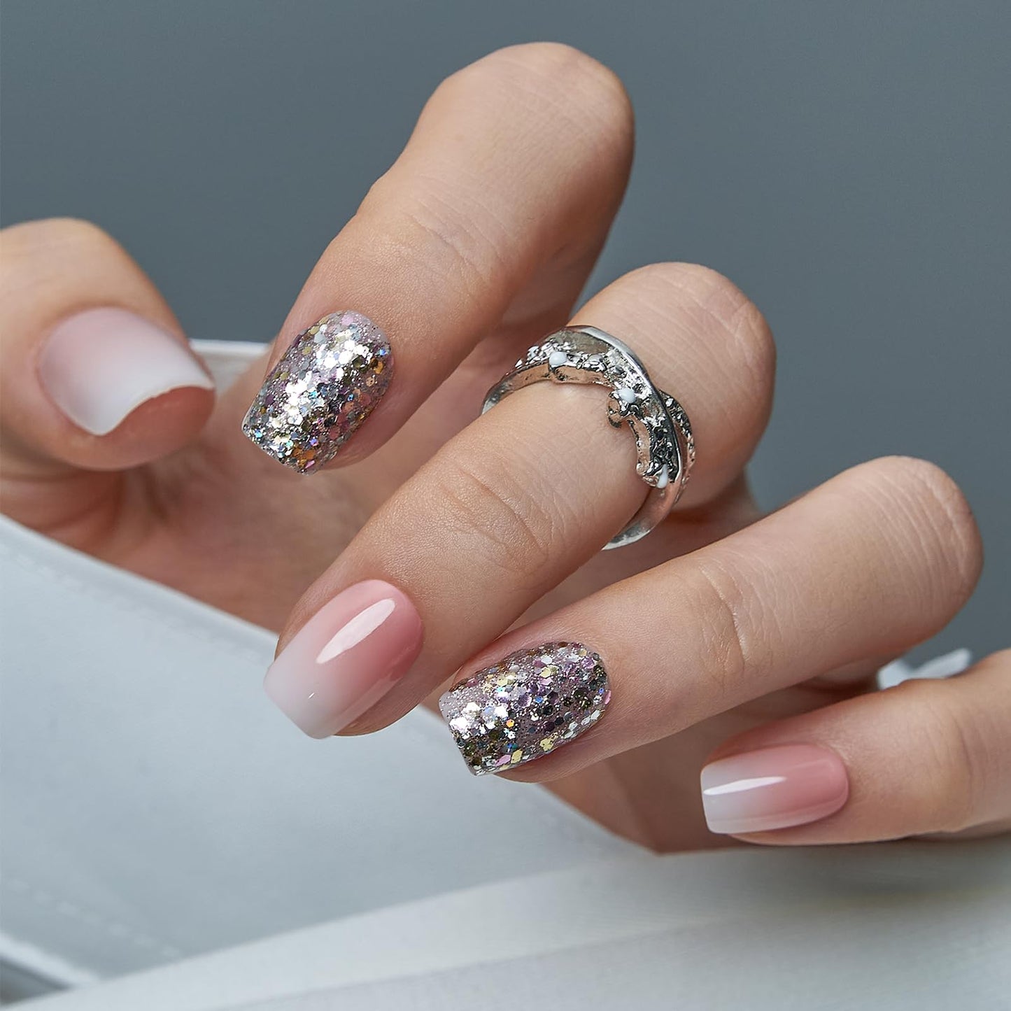 CurvLife Press On Nails Short Square Pink Ombre Silver Glitter, Glossy Soft Gel Fake Nails, Reusable Salon Look Manicure for Women Teens Beginners, 30pcs, Daily Wear Work Party