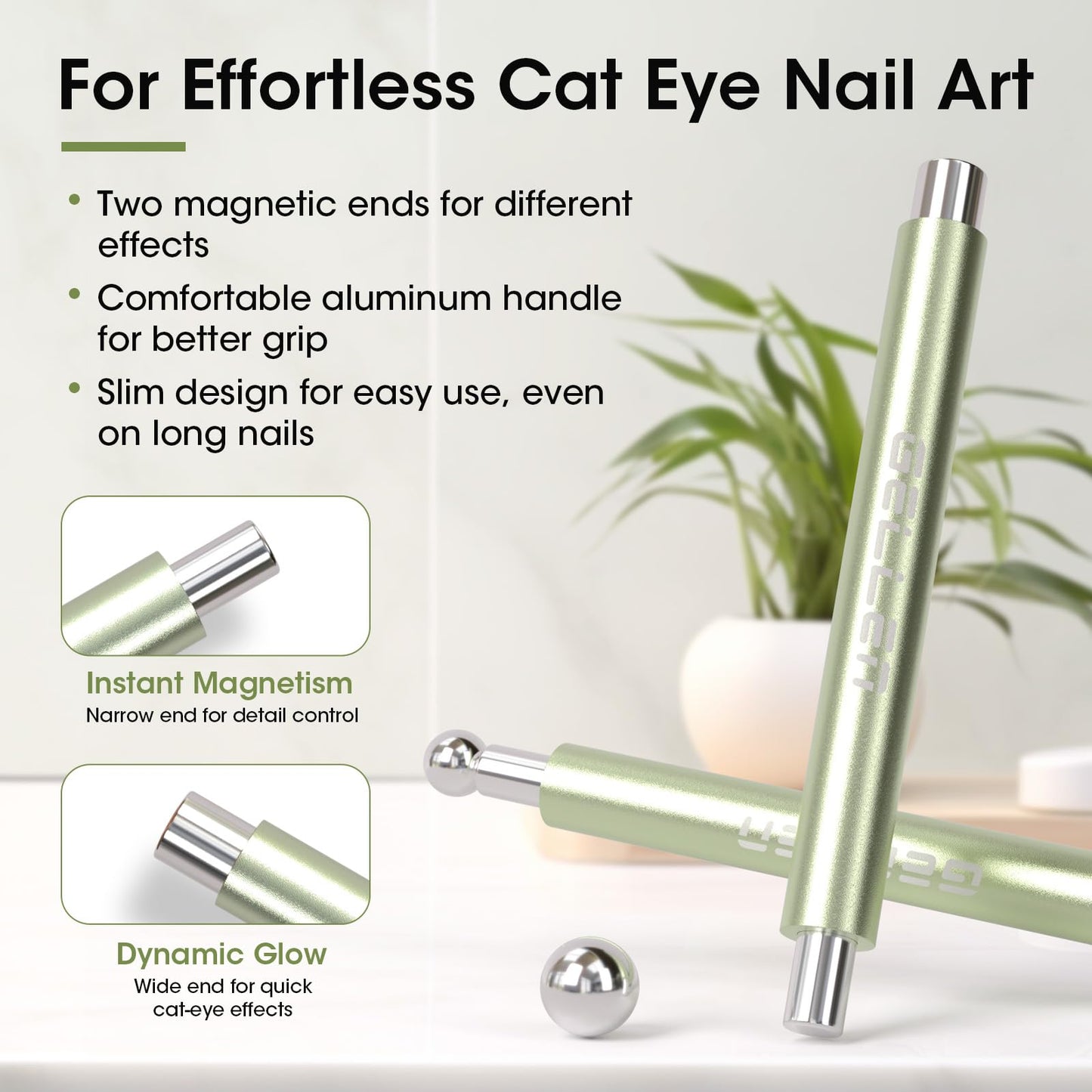 Gellen Green Double-Ended Cateye Magnet for Nails – Dual Cat Eye Nail Magnet Tool with Wide & Narrow Tips, Strong Magnetic Stick for Cat Eye Gel Polish Nail Art DIY Salon Use
