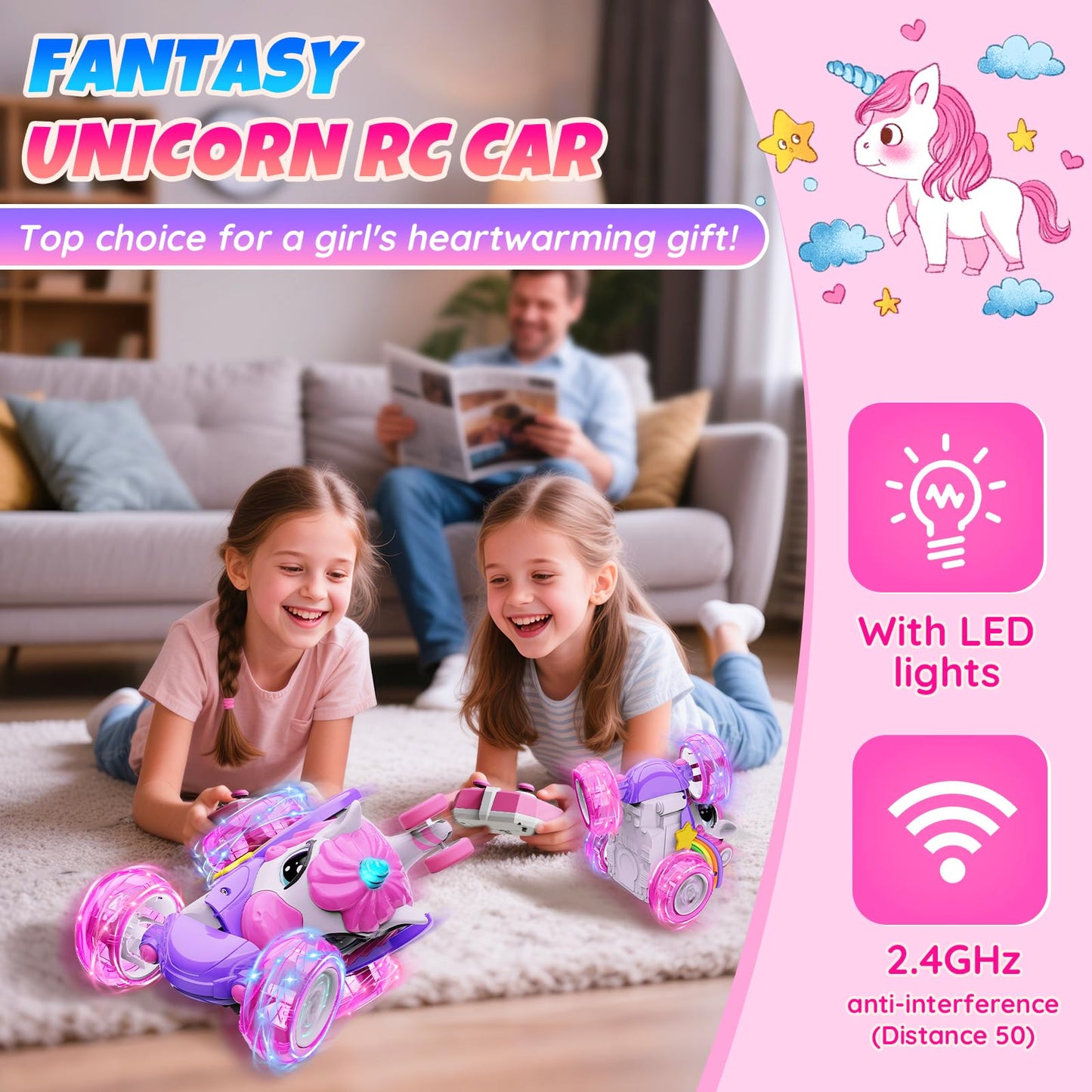 Motivekit Unicorn Remote Control Car Toys for Girl - 360° Rotating Pink RC Stunt Cars 4WD Remote Cars for Kids, 2.4GHz Toy Car with LED Lights, Birthday Gift for 3 4 5 6 7 8 9 Year Old Girl